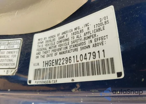 2001 Honda Civic Ex из США, поврежденный, VIN 1HGEM22961L047911